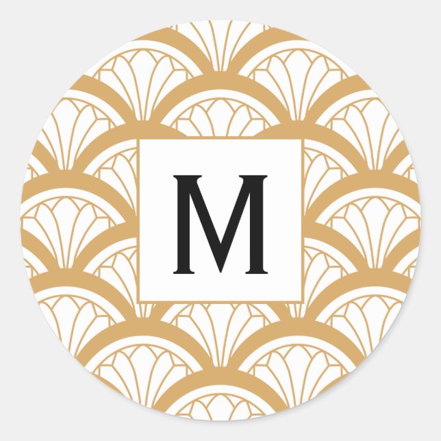 Sticker Rond Motif de ventilateur Monogram Gold White Art Déco (Devant)