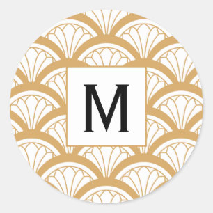 Sticker Rond Motif de ventilateur Monogram Gold White Art Déco