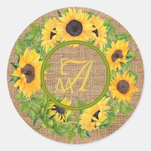 Sticker Rond Motif décoratif de tournesols monogrammes (Devant)