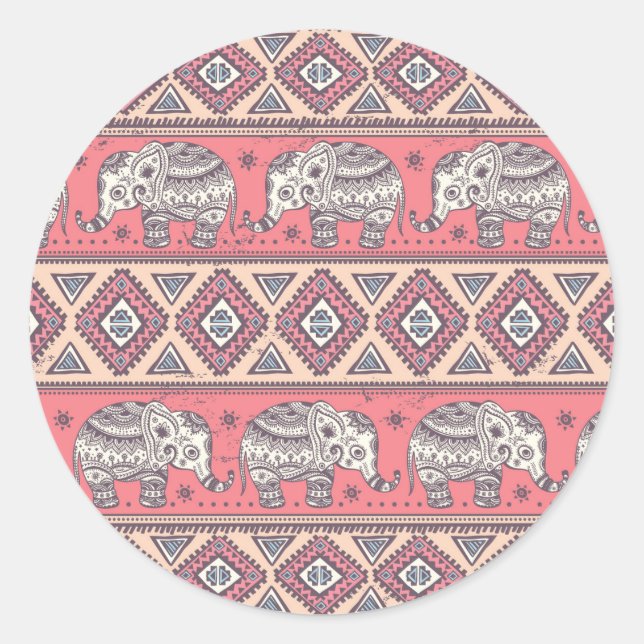 Sticker Rond Motif d'éléphant ethnique rose (Devant)
