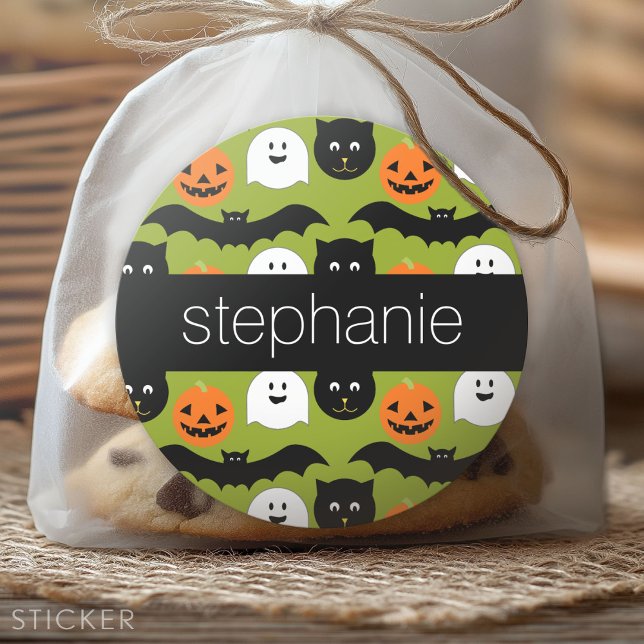 Sticker Rond Motif d'Halloween - Cute Bat Cat Citrouille Fantôm (Custom Sticker for Party Favors and Envelopes)