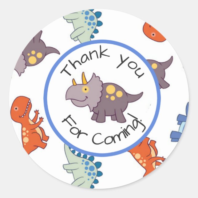 Sticker Rond Motif Dinosaure pour enfants Merci d'anniversaire (Devant)