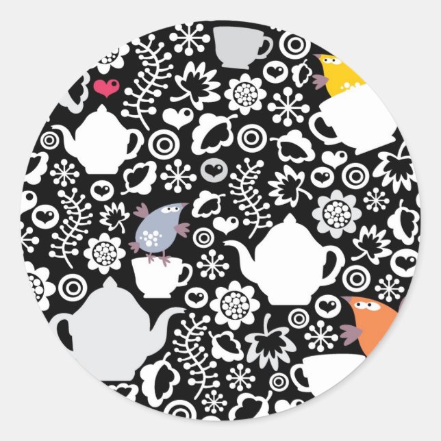 Sticker Rond Motif d'oiseaux et de tasses (Devant)