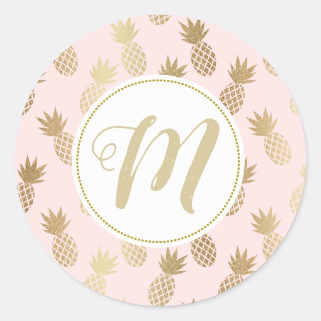 Sticker Rond Motif et monogramme d'ananas en or (Devant)