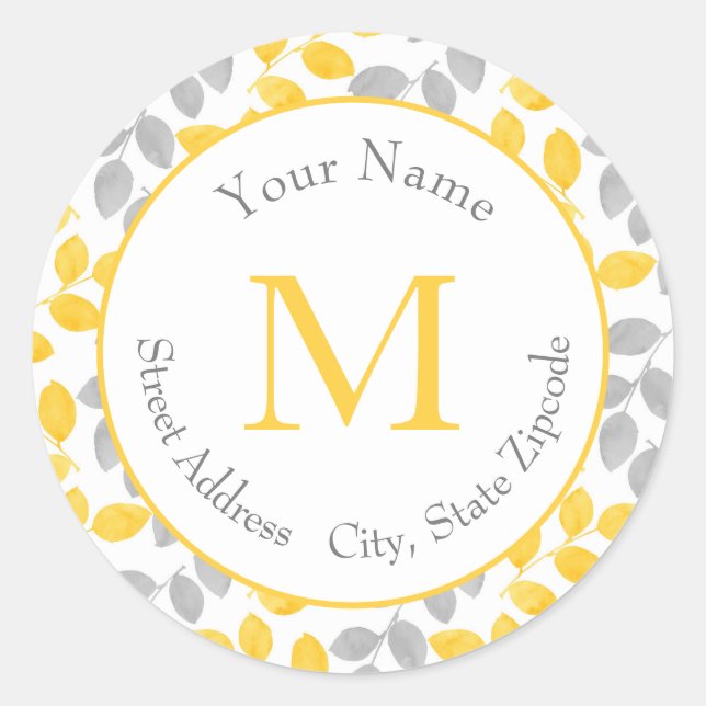 Sticker Rond Motif Feuille d'aquarelle jaune et gris (Devant)
