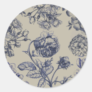 Sticker Rond Motif floral botanique toile bleue vintage antique