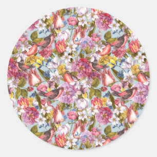 Sticker Rond Motif floral Foliage Oiseaux Papillons Peony