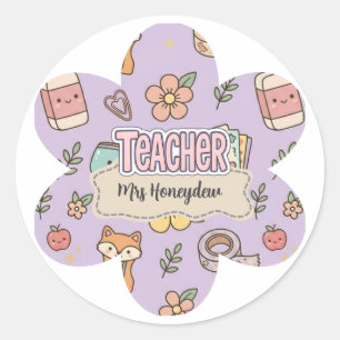 Sticker Rond Motif fournitures scolaires enseignant violet