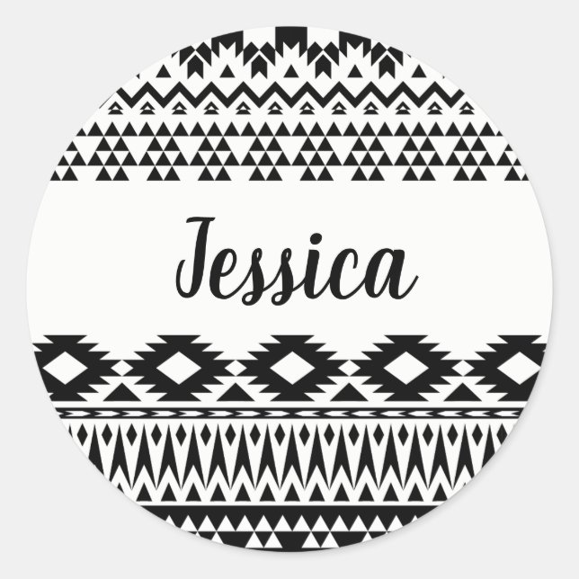 Sticker Rond Motif géométrique Aztec noir et blanc (Devant)