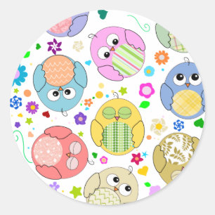 Sticker Rond Motif mignon de hiboux et de fleurs