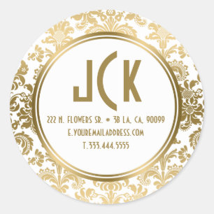 Sticker Rond Motif Monogram White & Gold Floral Damques