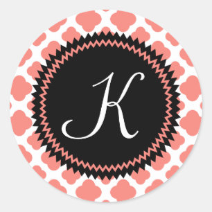 Sticker Rond Motif monogramme de Quatrefoil rose-noir