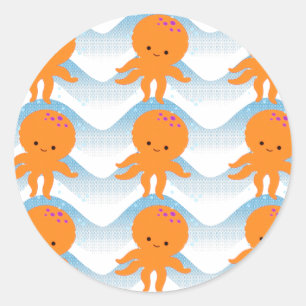 Sticker Rond Motif Octopus Orange Et Vagues Bleues