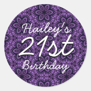 Sticker Rond Motif pourpre 21e anniversaire Nom personnalisé V2