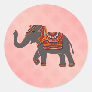 Sticker Rond Motif rose damassé Éléphant indien 