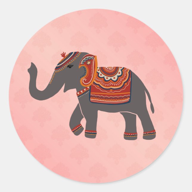 Sticker Rond Motif rose indien Damask Elephant (Devant)