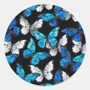 Sticker Rond Motif sans couleur foncée avec papillons bleus Mor
