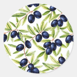 Sticker Rond Motif sans couture d'olives noires à l'aquarelle é