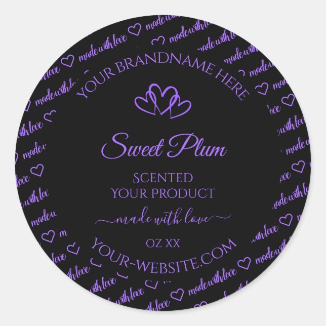 Sticker Rond Mots noirs et violets Cloud Produit Coeurs Étiquet (Devant)