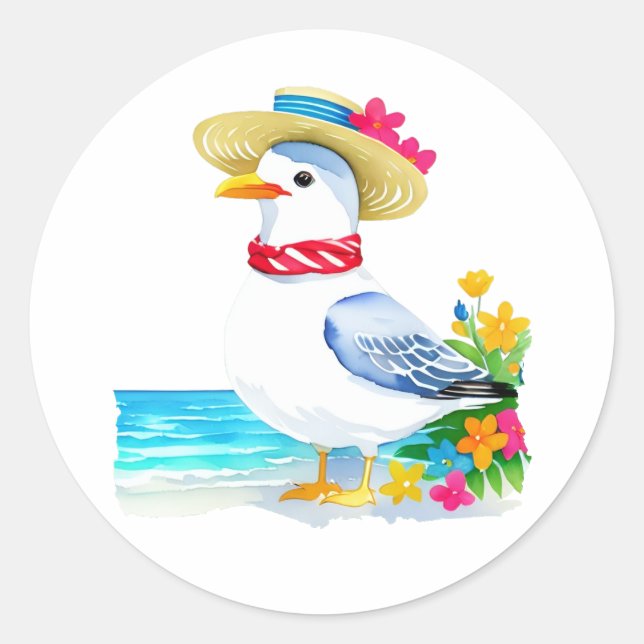 Sticker Rond Mouette de mer avec casquette de plage & foulard (Devant)