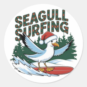 Sticker Rond Mouette Surfeur d'Hiver, Mouette Joyeux Noël