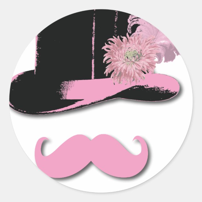 Sticker Rond Moustache rose, chapeau supérieur, plumes et fleur (Devant)