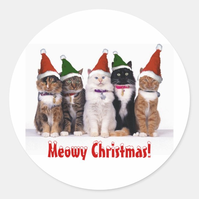 Sticker Rond "Mowy Christmas !" Chats En Casquette (Devant)
