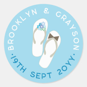 Sticker Rond Mr & Mrs Blue Flowers Flip Flops Plage Mariage