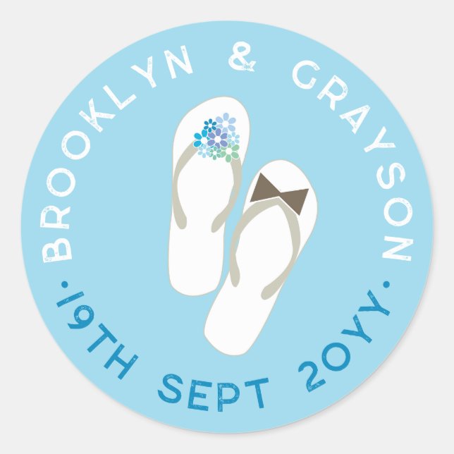 Sticker Rond Mr & Mrs Blue Flowers Flip Flops Plage Mariage (Devant)