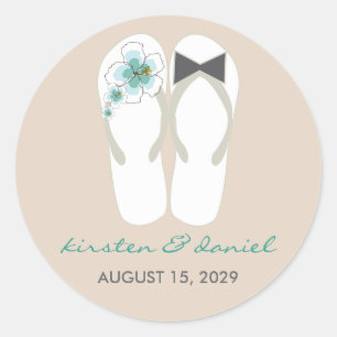 Sticker Rond Mr & Mrs Blue Hibiscus Flip Flops Plage Mariage