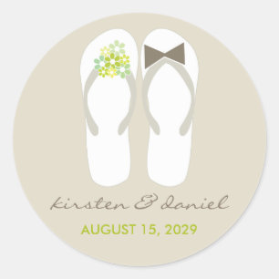 Sticker Rond Mr & Mrs Green Flowers Flip Flops Plage Mariage