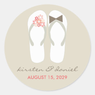 Sticker Rond Mr & Mrs Pink Flowers Flip Flops Plage Mariage