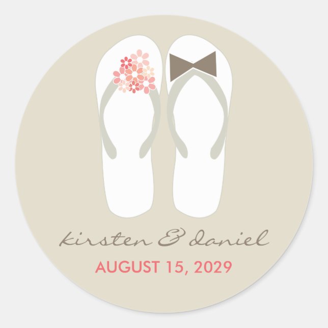 Sticker Rond Mr & Mrs Pink Flowers Flip Flops Plage Mariage (Devant)