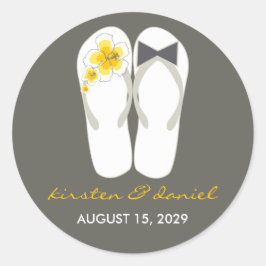 Sticker Rond Mr & Mrs Pink Hibiscus Flip Flops Plage Mariage
