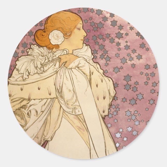 Sticker Rond Mucha Art nouveau femme beauté (Devant)