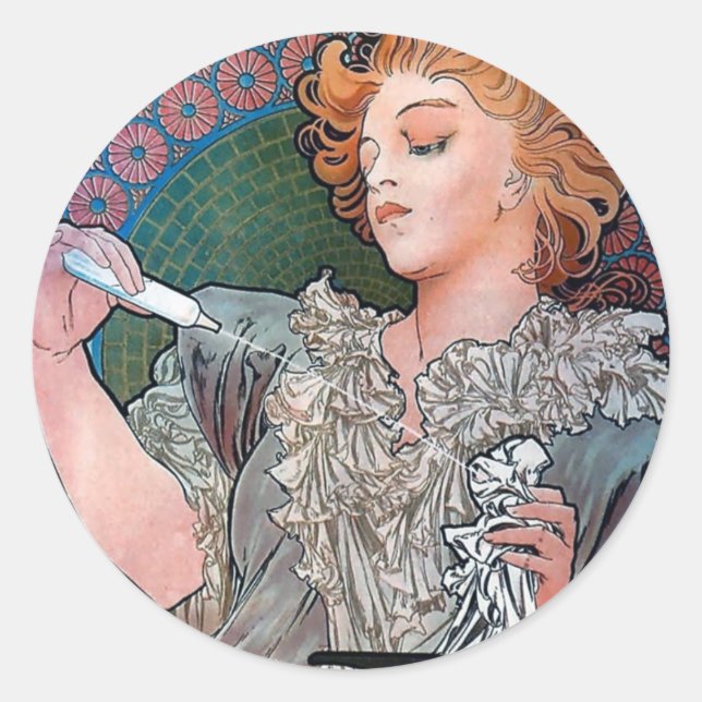 Sticker Rond Mucha Lance Parfum Rodo publicité parfum (Devant)