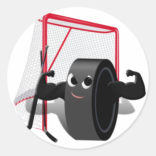 Sticker Rond Muscle Man Hockey Puck avec objectif et bâtons de  (Devant)