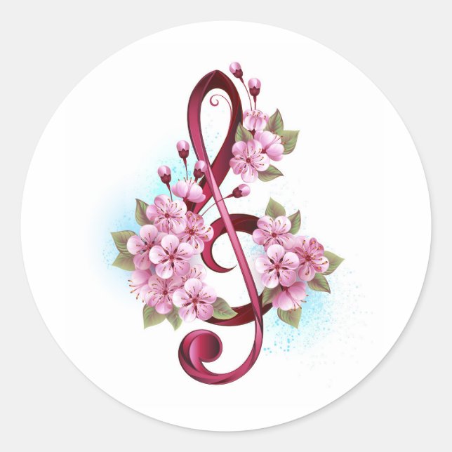 Sticker Rond Musical treble clef notes with sakura flowers (Devant)