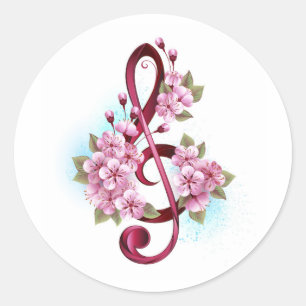 Sticker Rond Musical treble clef notes with sakura flowers