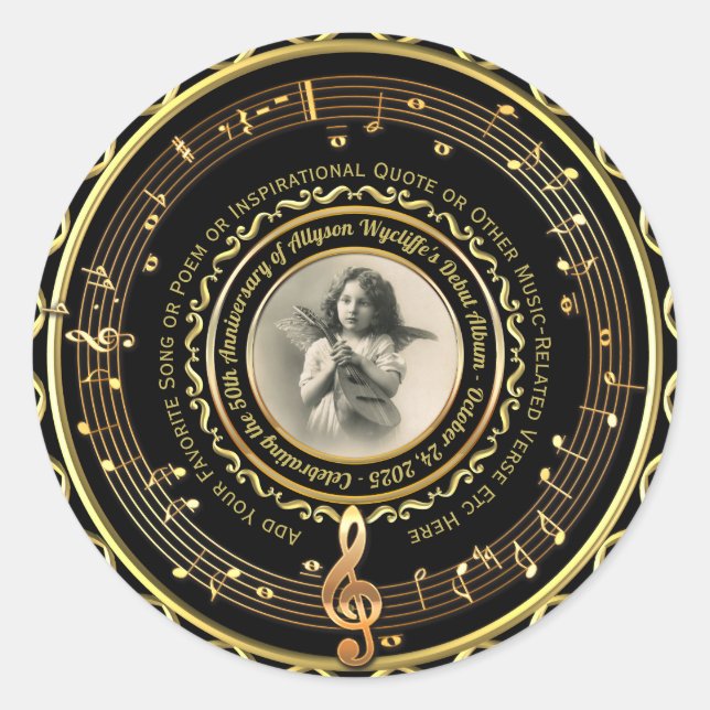 Sticker Rond Musicien Note de musique Commemorative Photo Gold  (Devant)