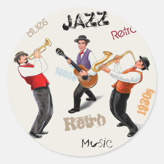 Sticker Rond Musiciens de jazz Musique rétro Illustration Vinta (Devant)