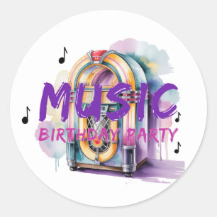 Sticker Rond Musique de Jukebox Rétro pour Fête d'Anniversaire