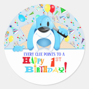Sticker Rond Mystère du chien bleu détective pour fête d'annive