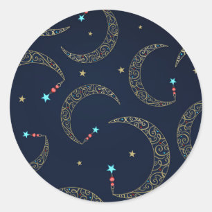 Sticker Rond Mystical Blue Gold Filigree Lune Céleste