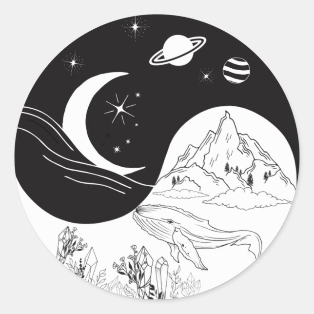 Sticker Rond Mystique Céleste Yin Yang Signifiant Amour (Devant)