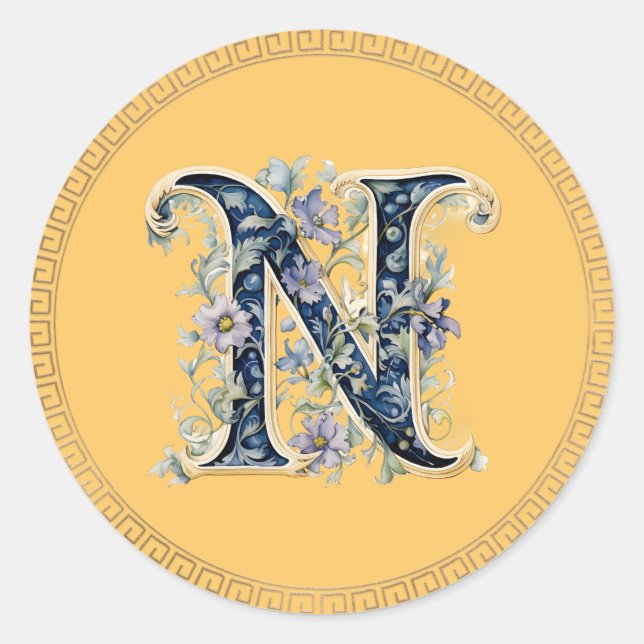 Sticker Rond N monogramme fleur d'or bleu (Devant)