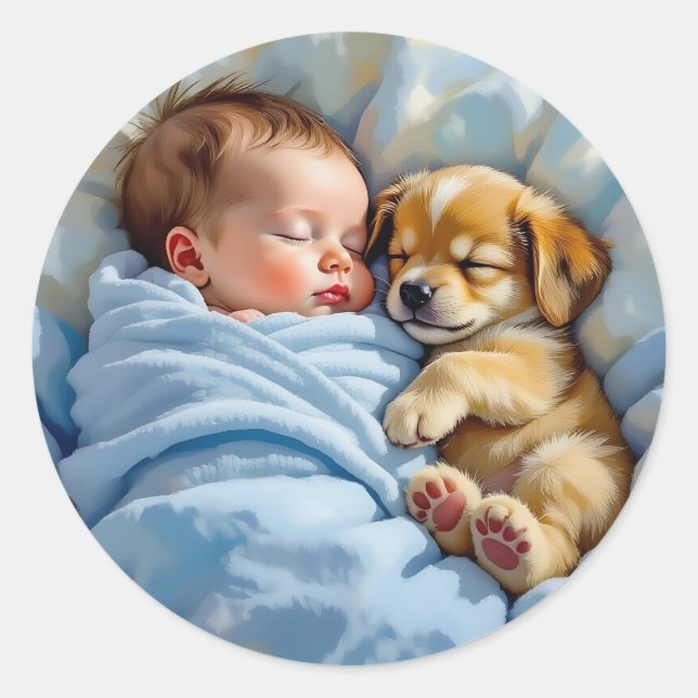 Sticker Rond Naissance bébé garçon Napping avec chiot (Devant)