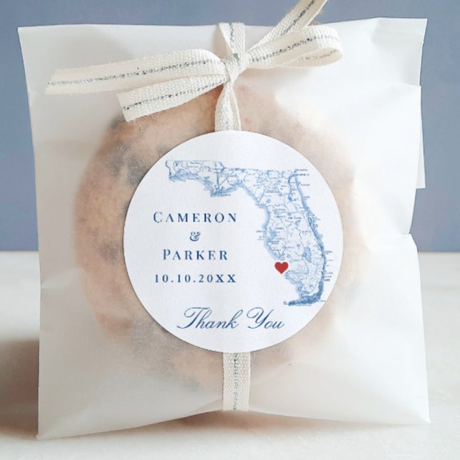 Sticker Rond Naples Florida Mariage Merci (Naples Florida Wedding favor round sticker label that says Thank You from Coastal Map Designs)