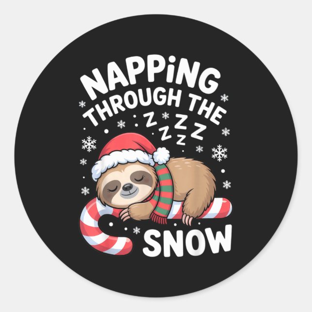 Sticker Rond Napng Through The Snow Funny Sloth Candy Cane Xmas (Devant)