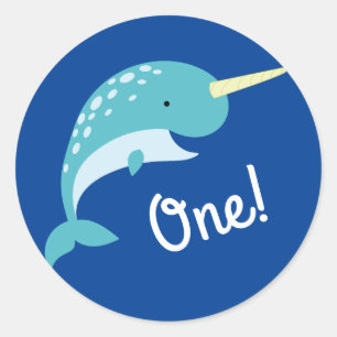 Sticker Rond Narwhals Ocean Cute 1er Anniversaire Thème de fête